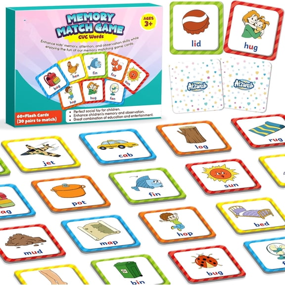 CVC Word Match Game - Phonics Flash Cards for Learning Activities, Educational Toys for Home School Supplies