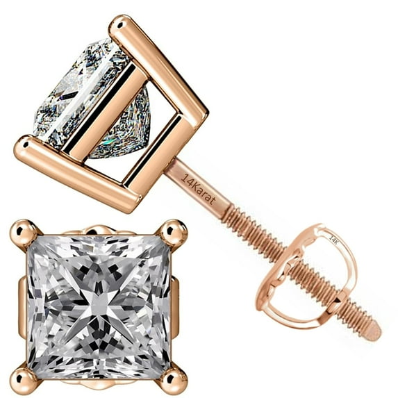 Princess Diamond Stud Earrings CVD Lab Grown, E-F Color VS-SI, 1.00ctw (1.00ctw to 1.04ctw) 14K Rose Gold Threaded