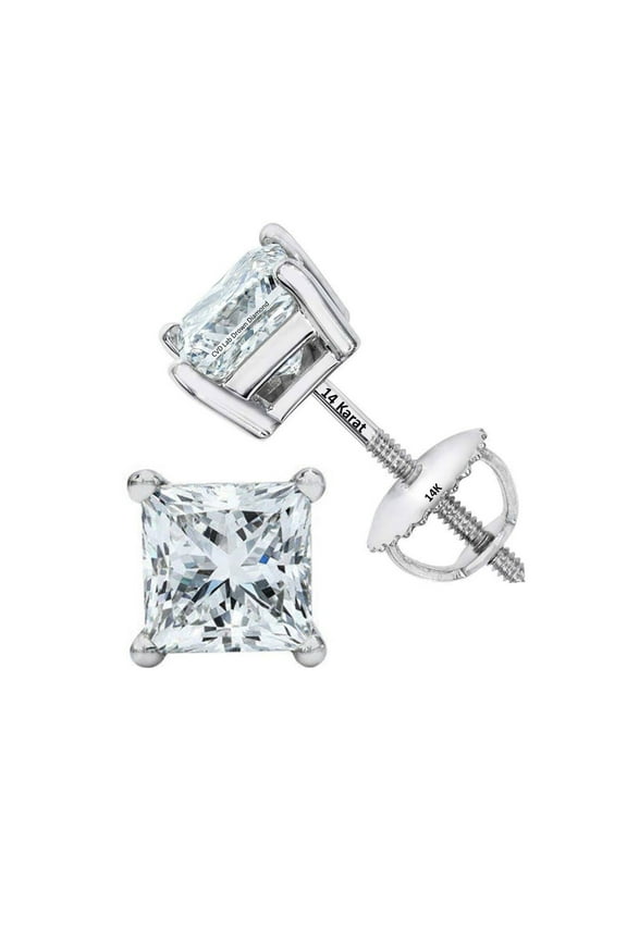 CVD Princess Diamond Stud Earrings (Lab Grown Diamonds) 14K Friction White Gold-0.25-1/4ct (.23 to.28pts) E-F color VS-SI