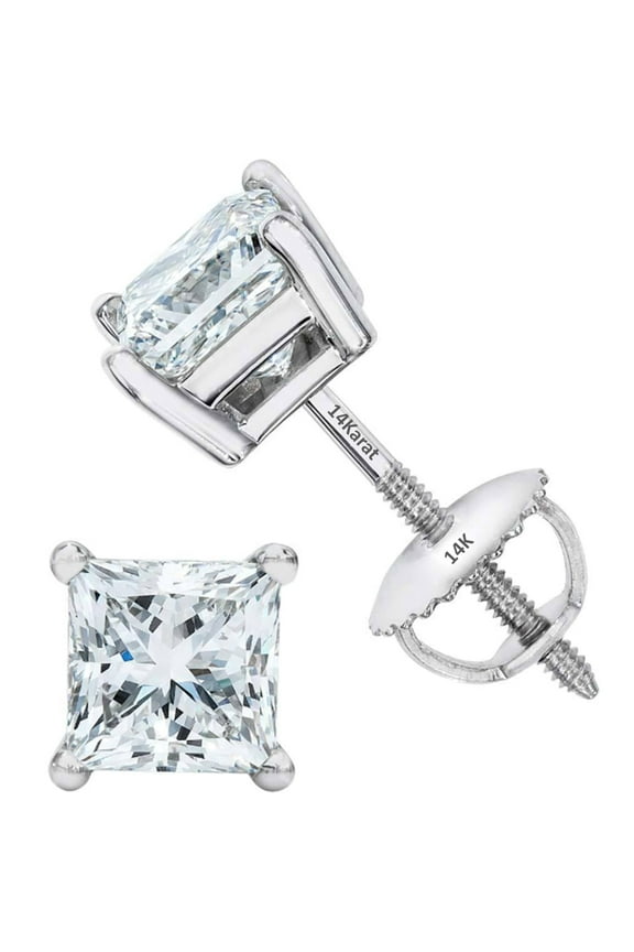 Princess Diamond Stud Earrings CVD Lab Grown, E-F Color VS-SI, 1.00ctw (1.00ctw to 1.04ctw) 14K White Gold Threaded