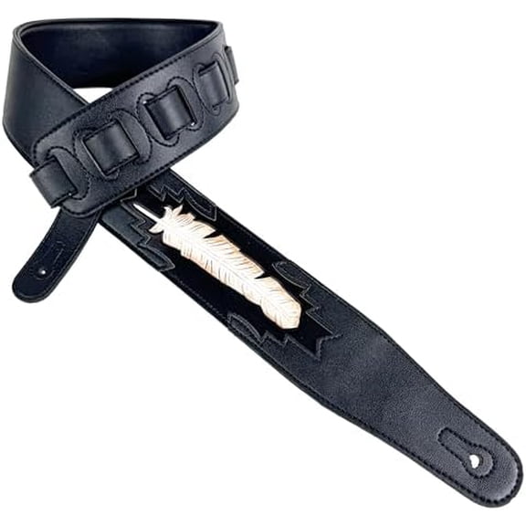 CVG-115 Black Leather Padded Guitar Strap Hand Tooled Feather For Acoustic, Electric, And Bass Guitars$$Music