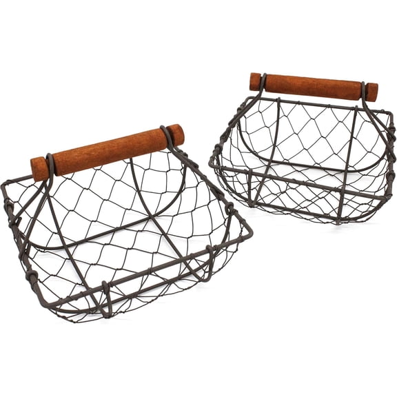 CVHOMEDECO. Chicken Wire Egg Baskets Rust Gathering Baskets with Wooden Handle Country Vintage Style Storage Baskets. Set of 2 (Square)