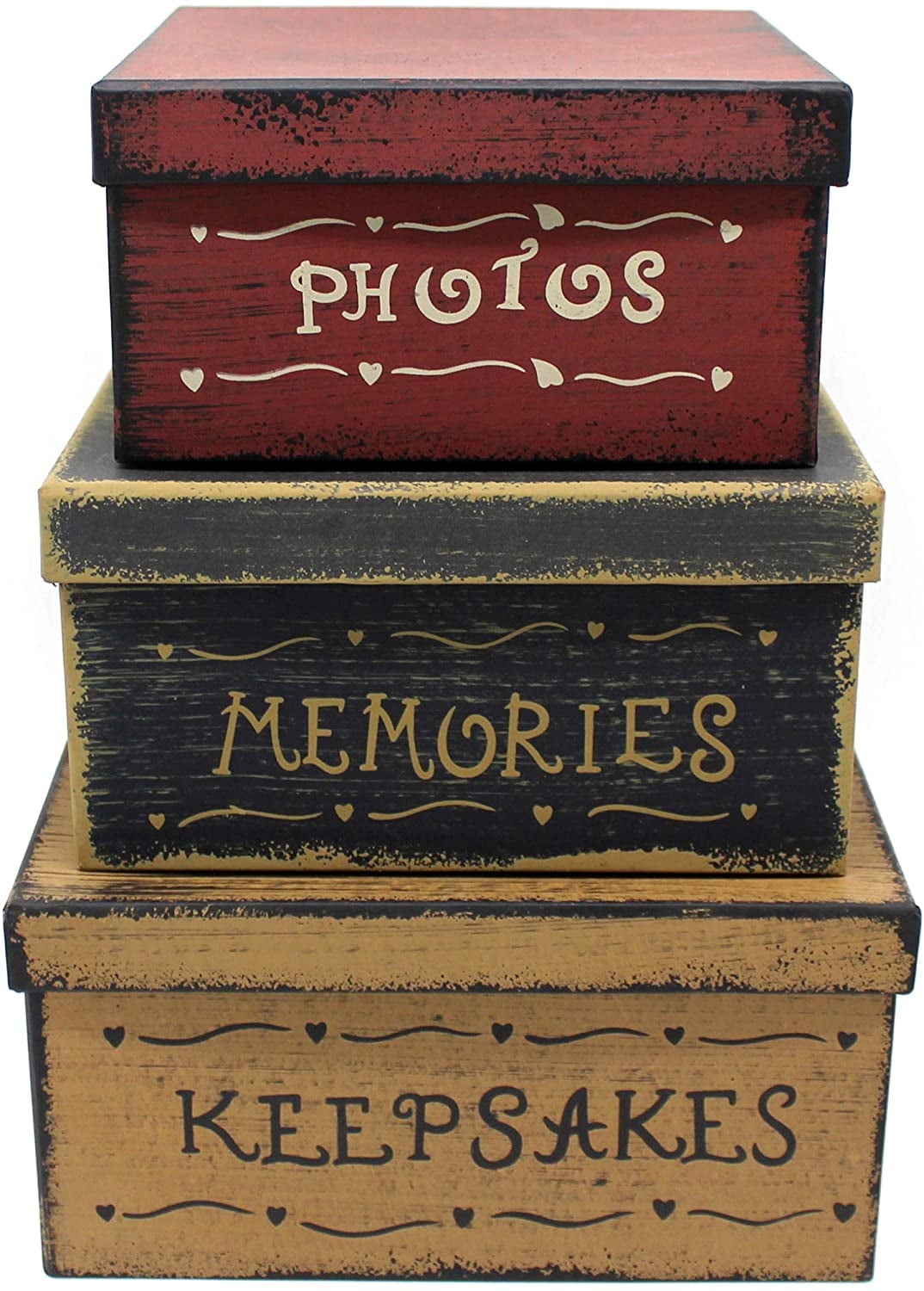CVHOMEDECO. Primitive Vintage Square Photos, Memories, Keepsakes Cardboard Nesting Boxes, Large 9 X 9 X 4-1/2 Inch. Set of 3.