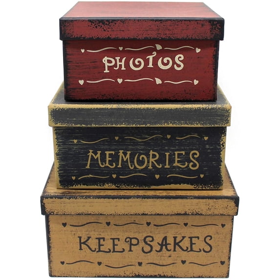 CVHOMEDECO. Primitive Vintage Square Photos, Memories, Keepsakes Cardboard Nesting Boxes, Large 9 X 9 X 4-1/2 Inch. Set of 3.