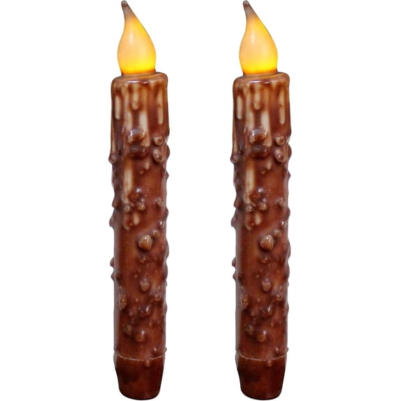 CVHOMEDECO. Real Wax Hand Dipped Battery Operated LED Timer Taper Candles Country Primitive Flameless Lights Décor, 6-3/4 Inch, Coffee, 2 PCS in a Package