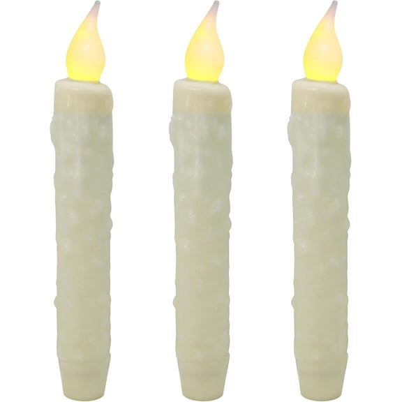 CVHOMEDECO. Real Wax Hand Dipped Battery Operated LED Timer Taper Candles Country Primitive Flameless Lights Dcor, 6-3/4 Inch, Ivory, 3 PCS in a Package