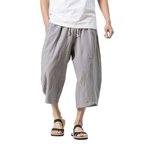 CVLIFE Men 3/4 Cotton Linen Yoga Pant Casual Drawstring Loose Fit Baggy Harem Pant Loose Wide Leg Pants up to Size 5XL