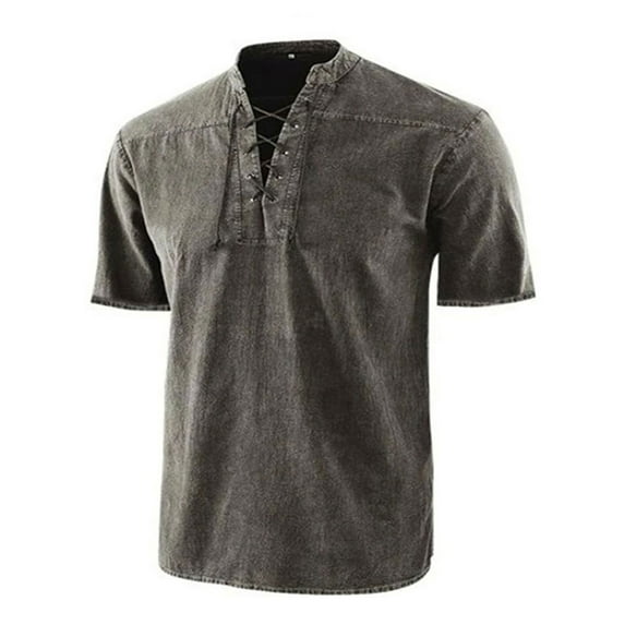 CVLIFE Mens Vintage T Shirt Casual Short Sleeve Beach Hippie Yoga Tees Plain Drawstring Lace-up Summer Tops