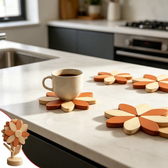 CVLNCYCLING 4Pc Sunflower Wooden Coasters, Anti-Slip Heat Resistant Drink Mat, for Coffee Tea Cups, Kitchen Home Decor