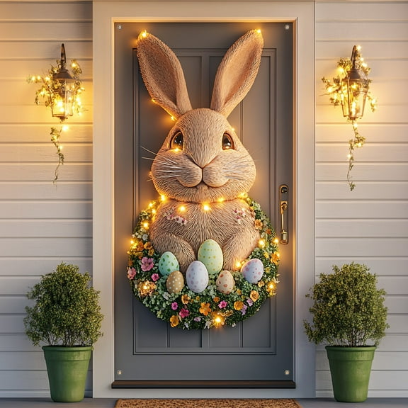 CVLNCYCLING Easter Decoration,Easter Decorations for the Home,Easter Door Cover with Three-Dimensional Bunny Wreath Dattern Door Flag Door Hanging Door Cover Decoration Spring Easter Decor