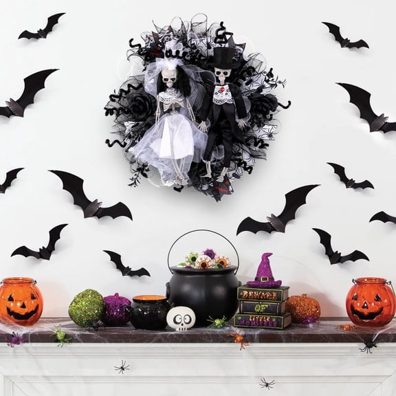CVLNCYCLING Halloween Skeleton Bride Groom Garland, Mesh Simulation Flower Ghost, Rattan Pendant Horror Decoration, Home Indoor Outdoor, Spooky Party Accent