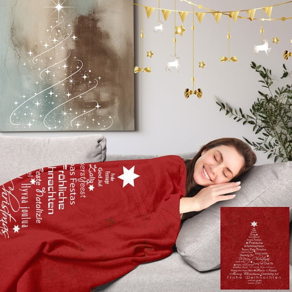 CVLNCYCLING Quilt,Quilts for Queen Bed,Quilts for King Bed,Quilt Clearance,Christmas Velvet Blanket Multilanguage Christmas Tree Print Airconditioning Quilt Napping Blanket Sofa Blanket