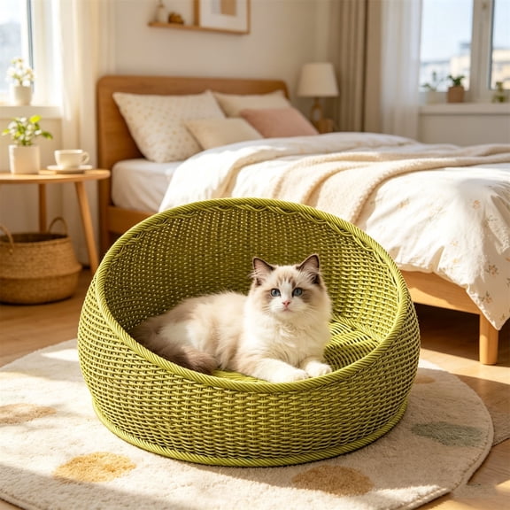 CVLNCYCLING Wicker Cat Bed For Indoor Cats, Rattan Basket House With Cushion, Washable Mat Accent, Small Dogs Cats, Cozy Home Decor