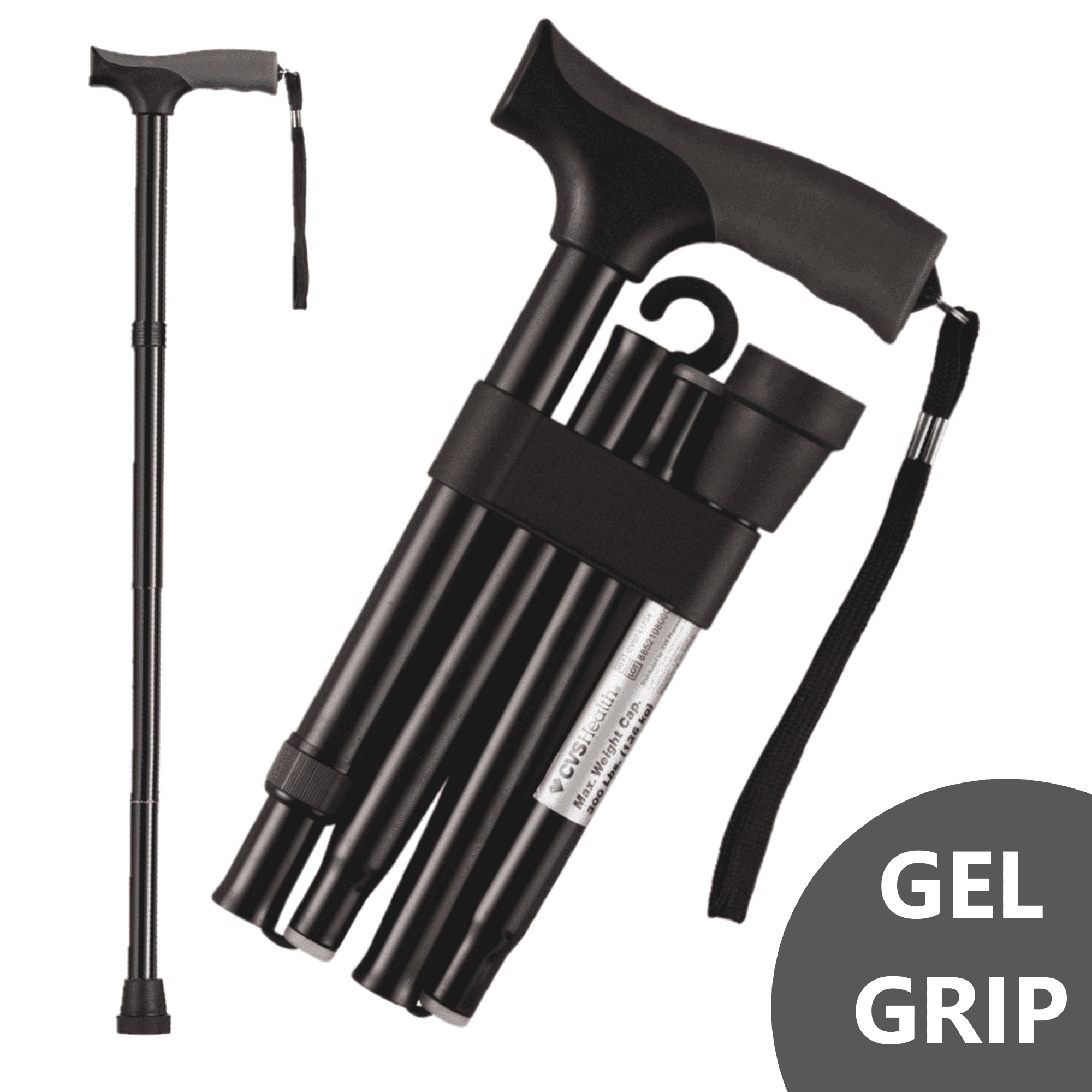 CVS Health Gel Grip Folding Cane Black Shiny for Men and Women with
