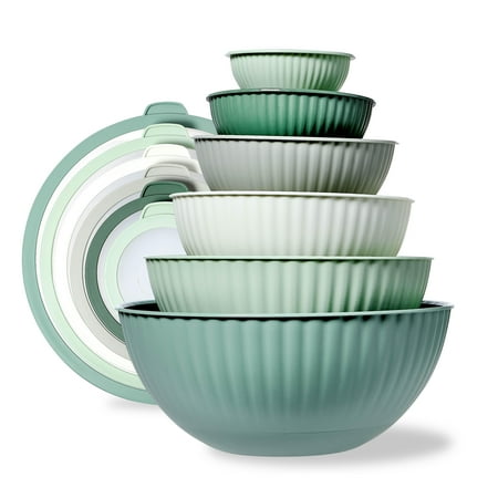 Cook with Color 12-Piece Mixing Bowl Set with Non-Slip Silicone Base and Transparent Lids, Sage