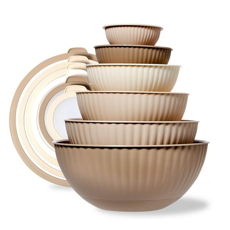 Cook with Color 12-Piece Mixing Bowl Set with Non-Slip Silicone Base and Transparent Lids, Taupe
