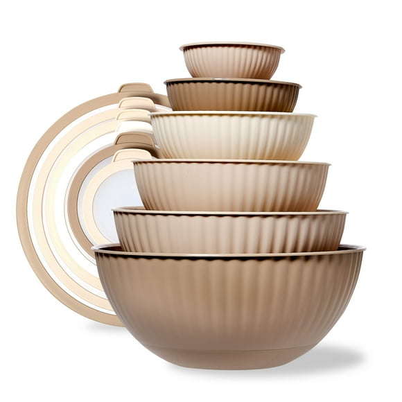 Cook with Color 12-Piece Mixing Bowl Set with Non-Slip Silicone Base and Transparent Lids, Taupe