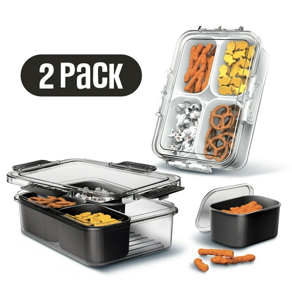 Cook With Color 2-Pack 4-Compartment Mini Snackle Box, Charcuterie and Snack Container, Divided Serving Tray with Lids, Dishwasher Safe, Black & White