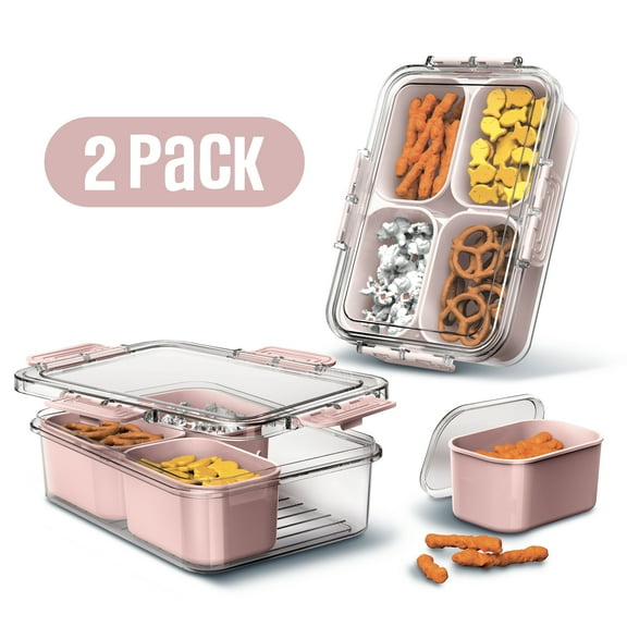 Cook With Color 2-Pack 4-Compartment Mini Snackle Box, Charcuterie and Snack Container, Divided Serving Tray with Lids, Dishwasher Safe, Pink
