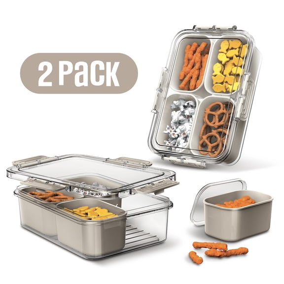 Cook With Color 2-Pack 4-Compartment Mini Snackle Box, Charcuterie and Snack Container, Divided Serving Tray with Lids, Dishwasher Safe, Taupe
