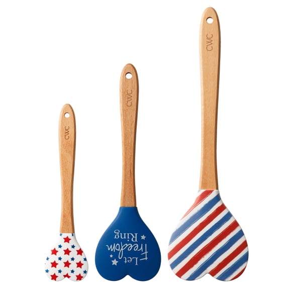 Cook with Color 3-Piece Heart Spatula Set, Silicone Baking Tools with Wood Handles, Let Freedom Ring Patriotic