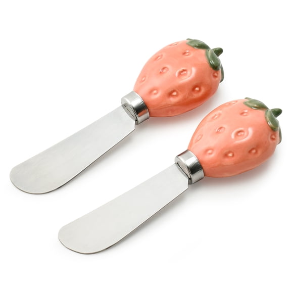 Cook With Color Cheese Spreader Knife, Stainless Steel Butter and Jam Blade with Figural Fruit Handle, Strawberry