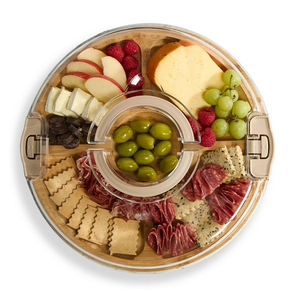 Cook With Color Round Bamboo Cutting Board with Locking Lid, Dual-Function Charcuterie Board & Serving Board