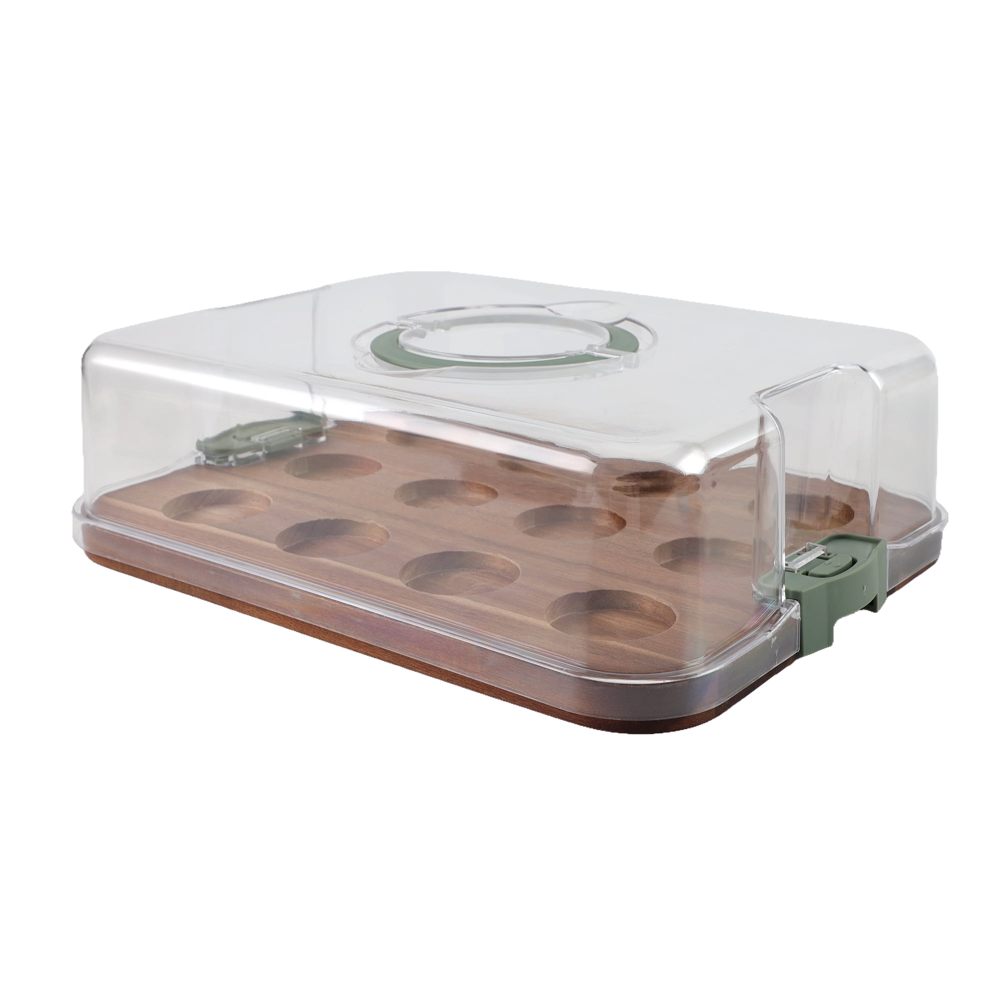 Cook with Color Acacia Wood Cake and Cupcake Carrier with Reversible Tray and Locking Lid, Rectangular, Ideal Use for Entertaining and Party Transportation