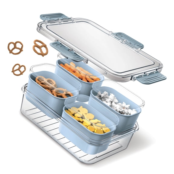 Cook With Color 4-Compartment Mini Snackle Box, Charcuterie and Snack Container, Divided Serving Tray with Lids, Dishwasher Safe, Blue