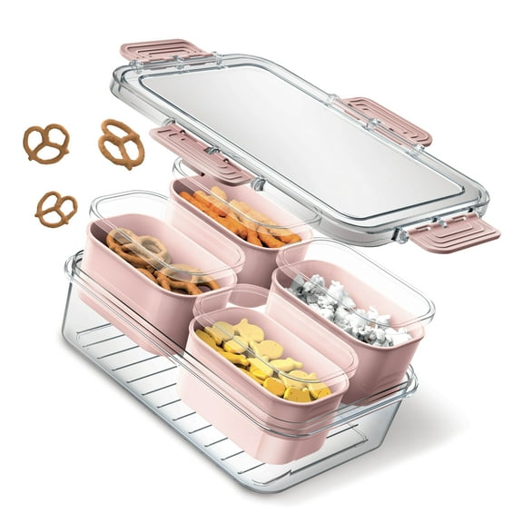 Cook With Color 4-Compartment Mini Snackle Box, Charcuterie and Snack Container, Divided Serving Tray with Lids, Dishwasher Safe, Pink