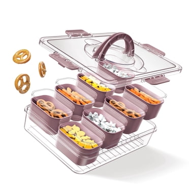 Cook With Color 8-Compartment Snackle Box, Charcuterie and Snack Container, Divided Serving Tray with Lids and Handle, Dishwasher Safe, Pink