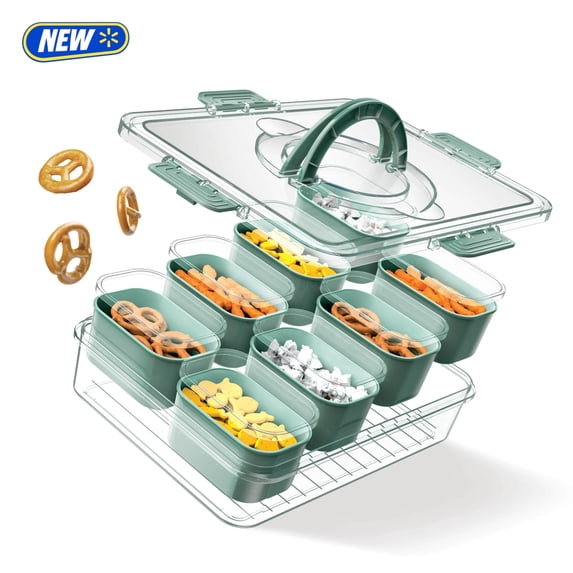 Cook With Color 8-Compartment Snackle Box, Charcuterie and Snack Container, Divided Serving Tray with Lids and Handle, Dishwasher Safe, Sage