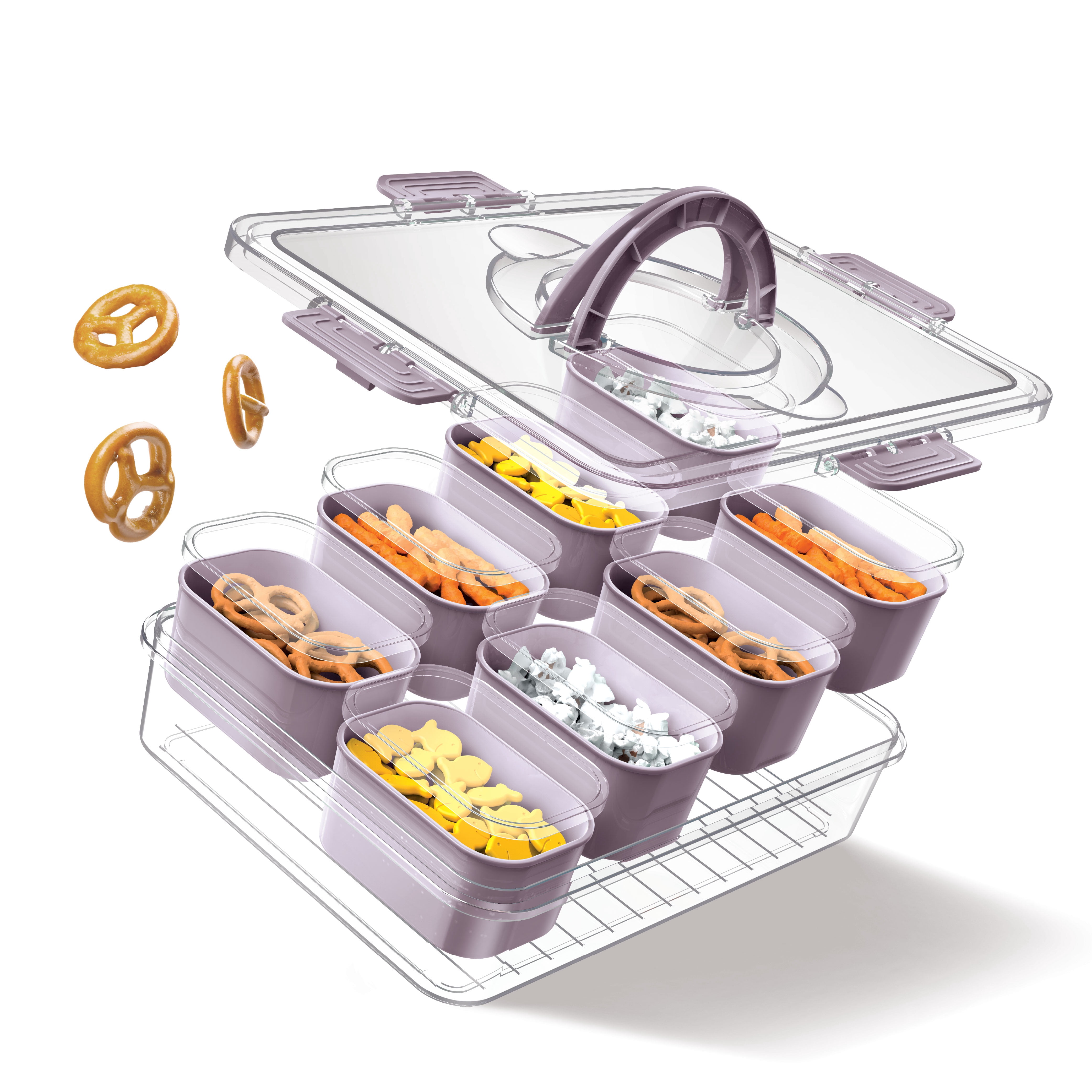 Cook With Color 8-Compartment Snackle Box Food Storage Carrier and Container, Charcuterie Container, Divided Serving Tray with Lids and Handle, Purple, Portable and Dishwasher Safe