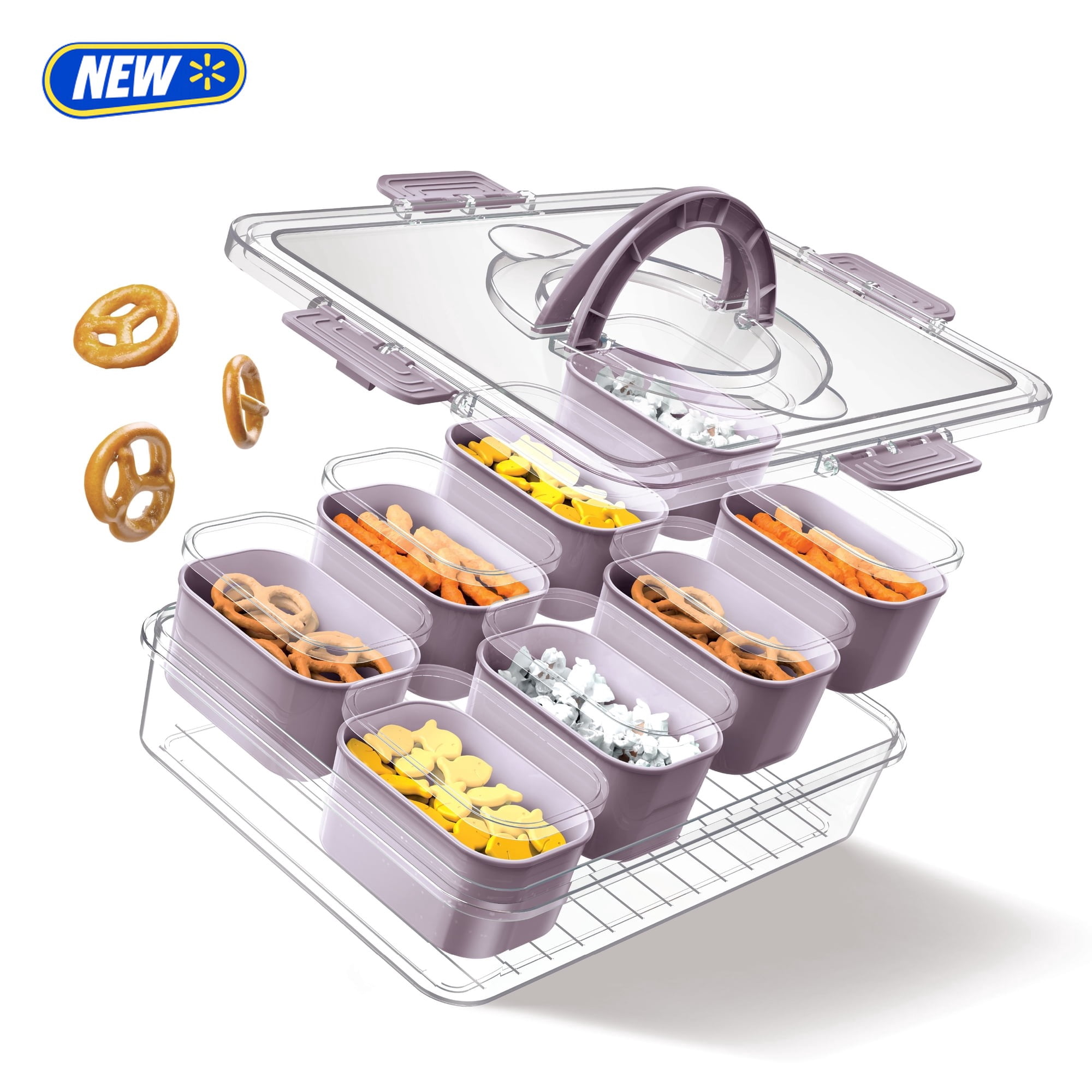 Cook With Color 8-Compartment Snackle Box Food Storage Carrier and Container, Charcuterie Container, Divided Serving Tray with Lids and Handle, Purple, Portable and Dishwasher Safe