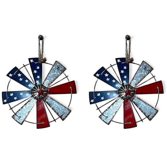 S/2 Patriotic Metal Windmill Wall Decor Rustic Farmhouse Americana Red White Blue Hanging Accent 7.5" D