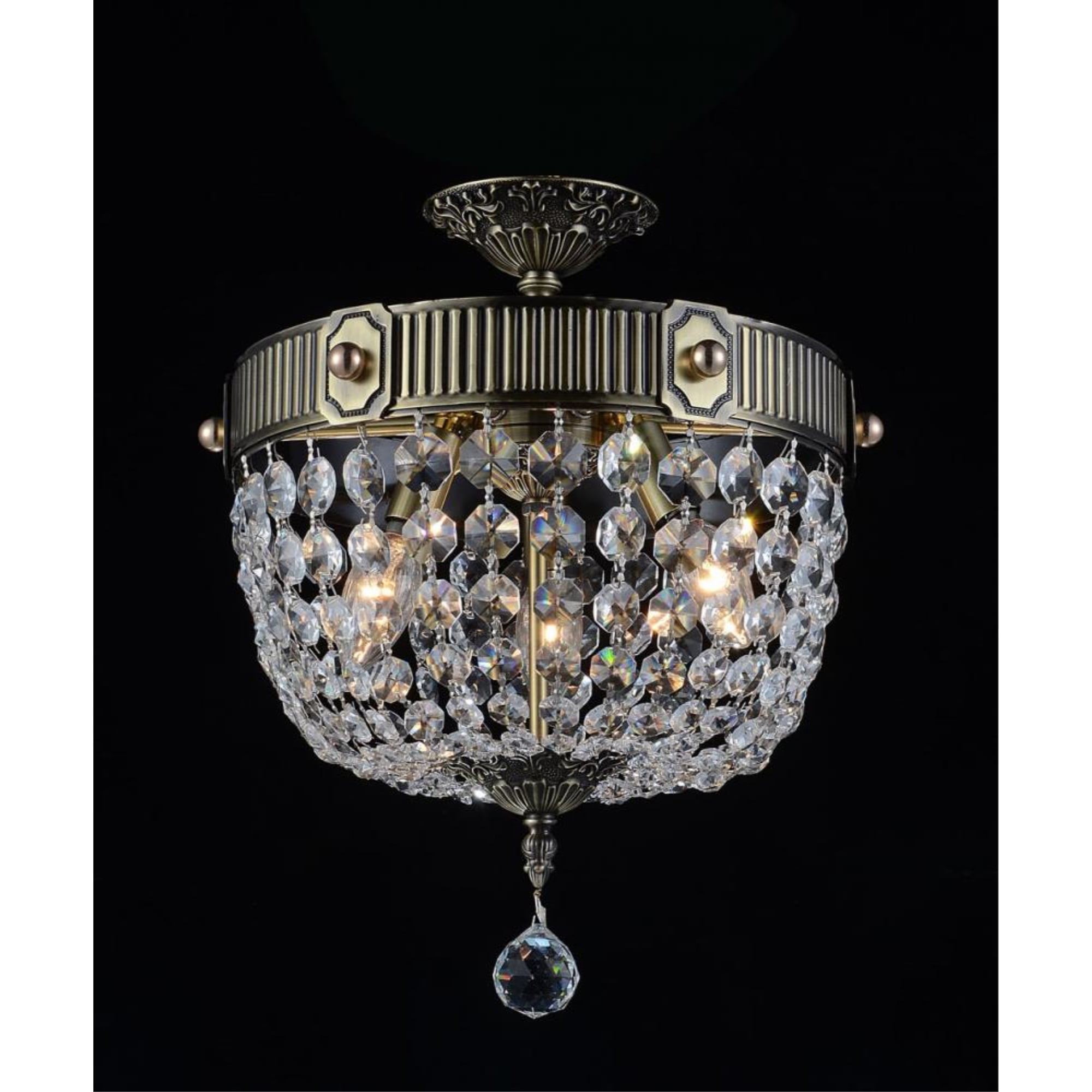 Antique Brass Crystal Bowl LED Flush Mount Light, 13"x20"