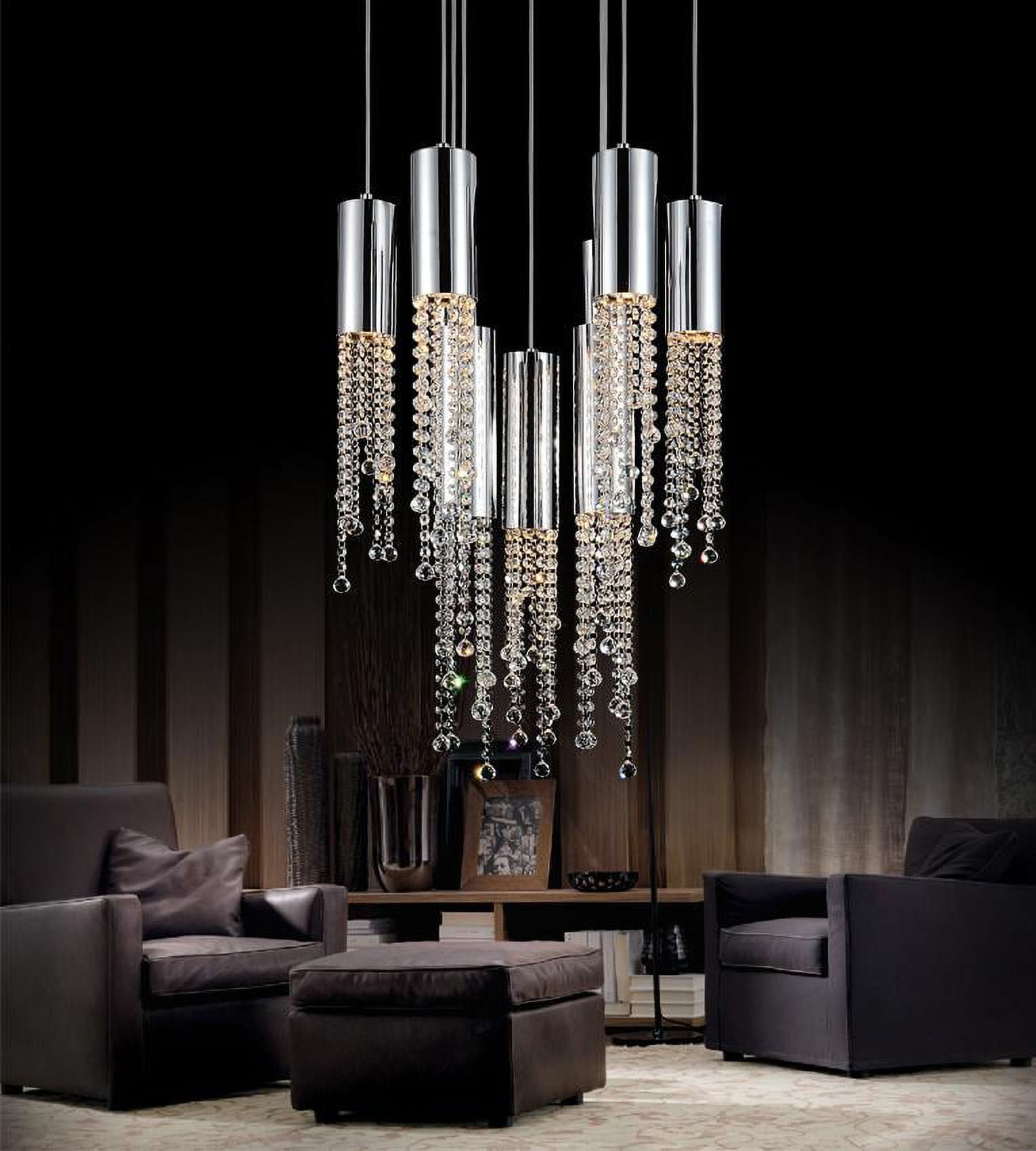 Extended 9-Light Chrome and Crystal Multi Pendant Chandelier