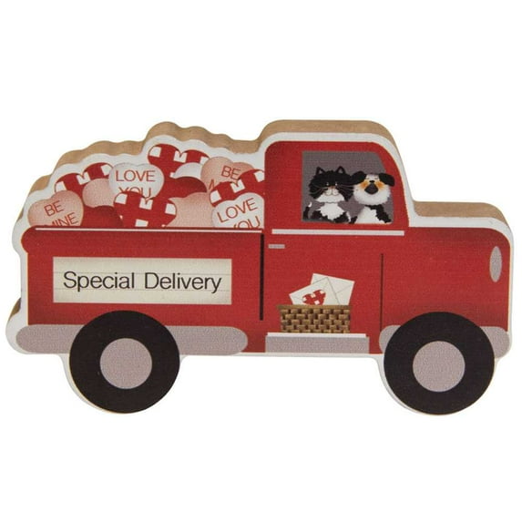 CWI Valentines Decor - Candy Hearts Dog Cat Chunky Wood Truck Sitter