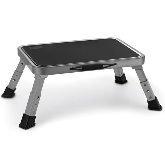 CWMMLS RV Step Stool Folding Platform Step, Gray Stainless Steel, for RV, Motorhome, Trailer, SUV, Camper, with Anti-Slip Surface, Rubber Feet, 1 Piece