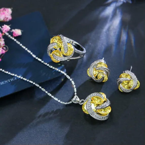CWWZircon Siilver Plated White CZ Cute Pendant Necklace Earring Ring Jewelry Set