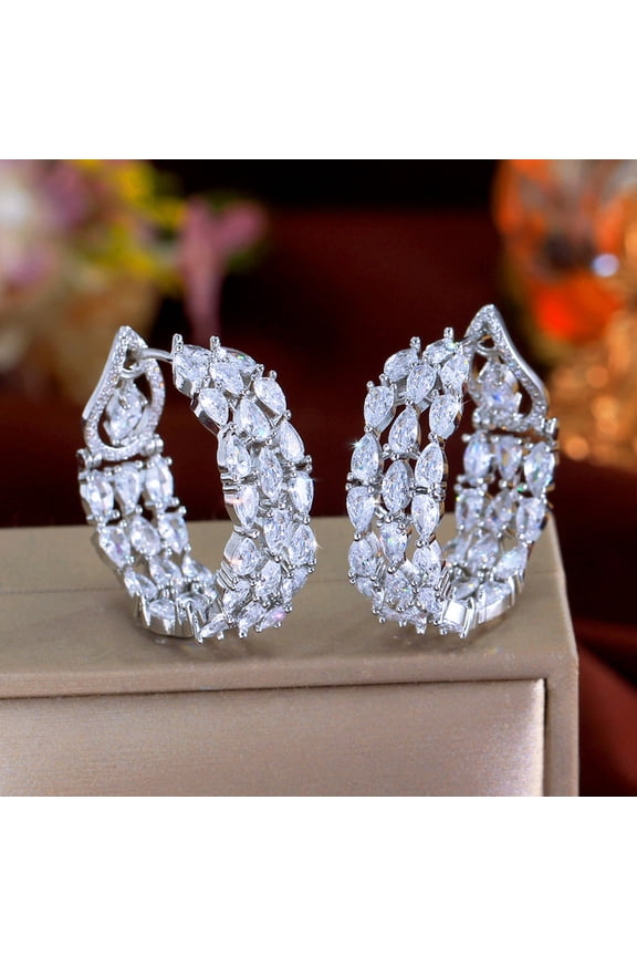 Big Round Wide Hoop Earrings Women Silver Plated Cubic Zirconia Jewelry 1 Pair