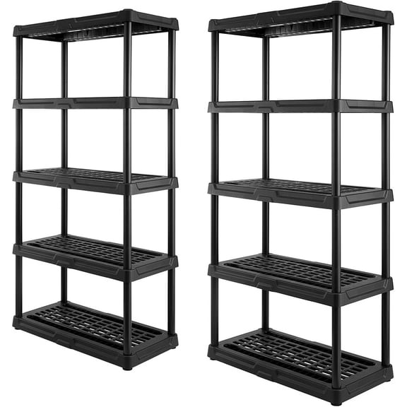 CX 5-Tier (72”H x 36”W x 18”D) Plastic Storage Shelving Unit (Black) 2 Pack, Heavy Duty, 150lbs Per Shelf Capacity, Indoor/Outdoor Storage Organization in Home, Garage, Office, Easy Assembly