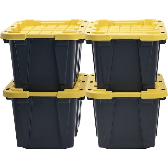 CX BLACK & YELLOW, 12-Gallon Heavy Duty Tough Storage Container & Snap-Tight Lid, (12.51H x 16.3W x 21.8D), Weather-Resistant Design and Stackable Organization Tote [4 Pack]