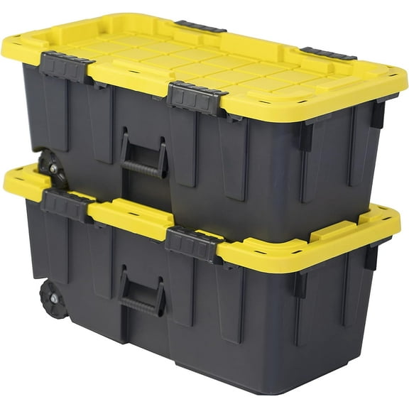 CX BLACK & YELLOW®, 20-Gallon Heavy Duty Tough Storage Footlocker & Snap-Tight Lid, (13.4”H x 18.2”W x 32.3”D), Weather-Resistant Design and Stackable Organization Tote [2 Pack]