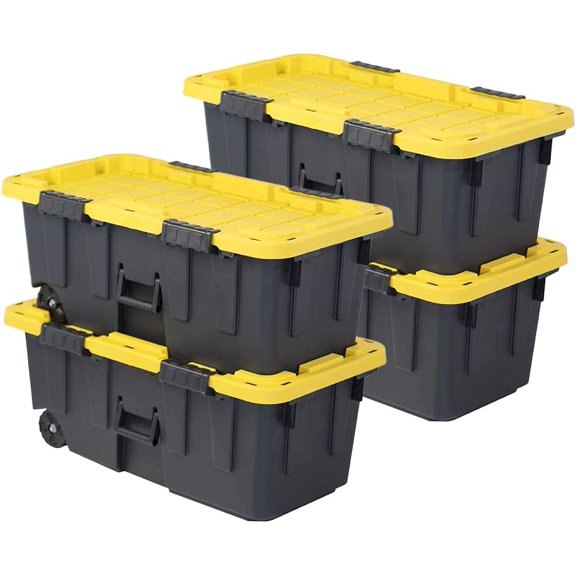 CX BLACK & YELLOW, 20-Gallon Heavy Duty Tough Storage Footlocker & Snap-Tight Lid, (13.4H x 18.2W x 32.3D), Weather-Resistant Design and Stackable Organization Tote [4 Pack]