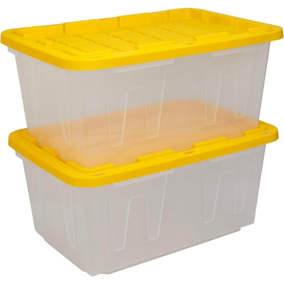 CX BLACK & YELLOW, 27-Gallon Heavy Duty Clear Storage Container & Snap-Tight Lid, Clear & Yellow (14.3"H x 20.6"W x 30.6"D), Weather-Resistant, Stackable, See-Through Organization Tote [2 Pack]
