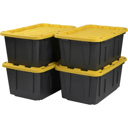 CX BLACK & YELLOW, 27-Gallon Heavy Duty Tough Storage Container & Snap-Tight Lid, (14.3"H x 20.6"W x 30.6"D), Weather-Resistant Design and Stackable Organization Tote [4 Pack]