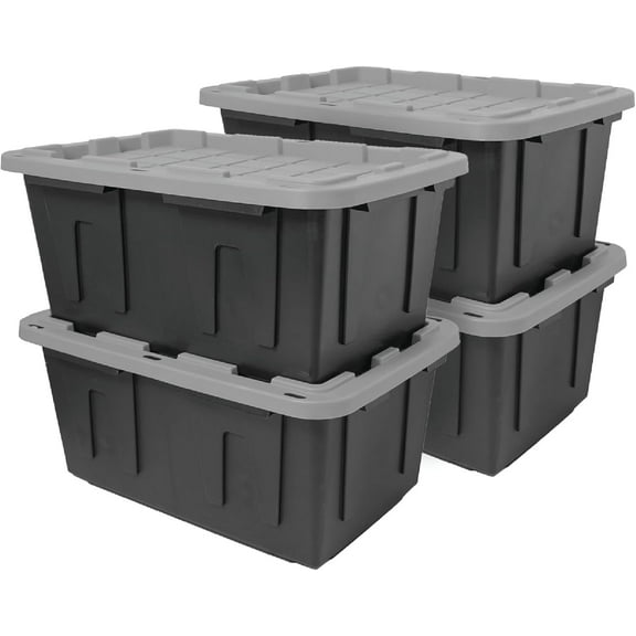 CX BLACK & YELLOW, 27-Gallon Heavy Duty Tough Storage Container & Snap-Tight Lid, Black and Grey, (14.3"H x 20.6"W x 30.6"D), Weather-Resistant Design and Stackable Organization Tote [4 Pack]