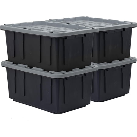 CX BLACK & YELLOW®, 27-Gallon Heavy Duty Tough Storage Container & Snap-Tight Lid, Black and Grey, (14.3”H x 20.6”W x 30.6”D), Weather-Resistant Design and Stackable Organization Tote [4 Pack]