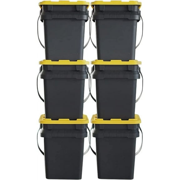 CX BLACK & YELLOW®, 5-Gallon Heavy Duty Bucket Tough Storage Container & Snap-Tight Lid, (14.9”H x 12”W x 13”D), Weather-Resistant Design and Stackable Organization Tote [6 Pack]